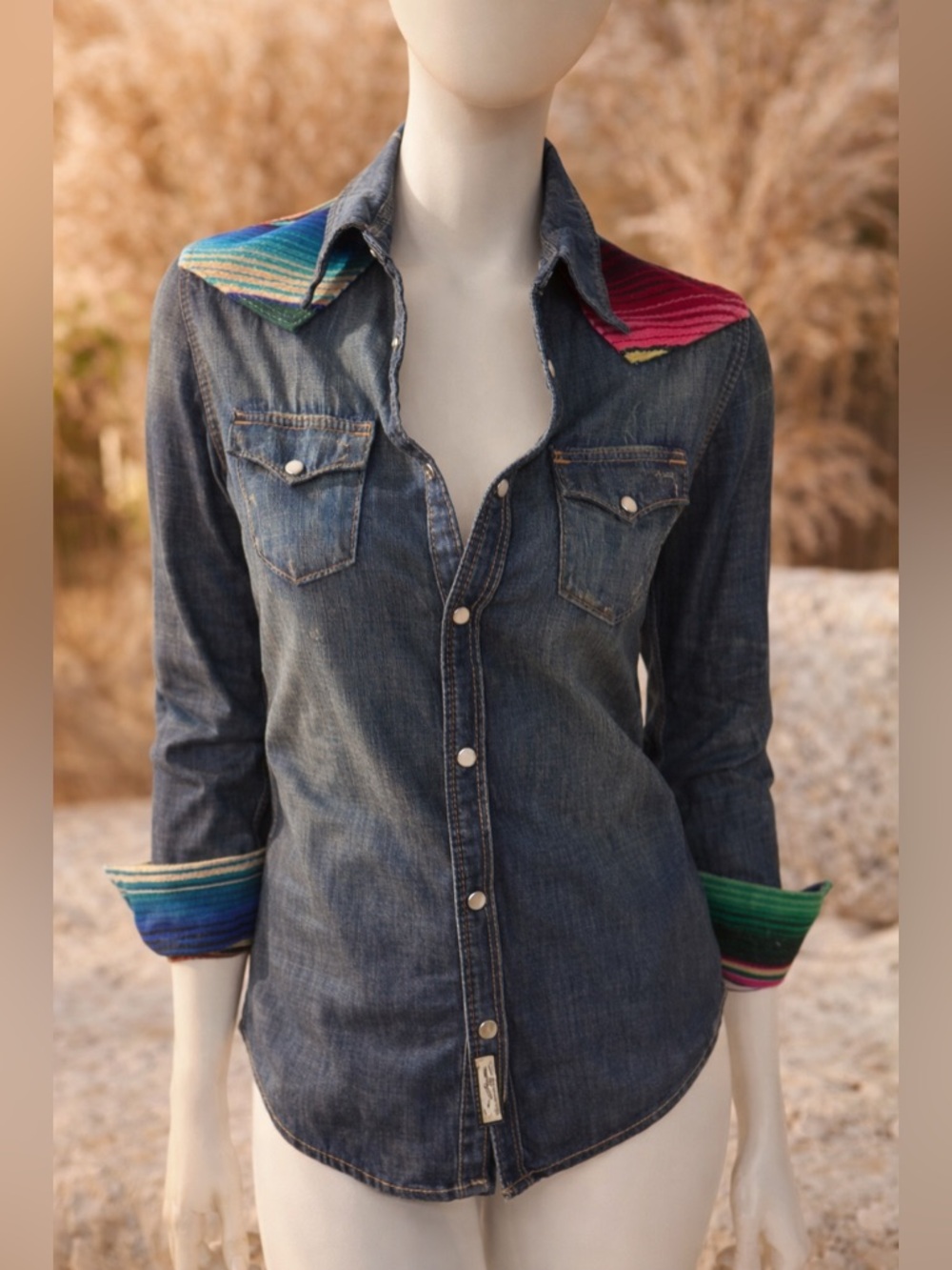 True Religion Denim Button Down Shirt Western Pearl Snap Serape Accent Boho Luxe